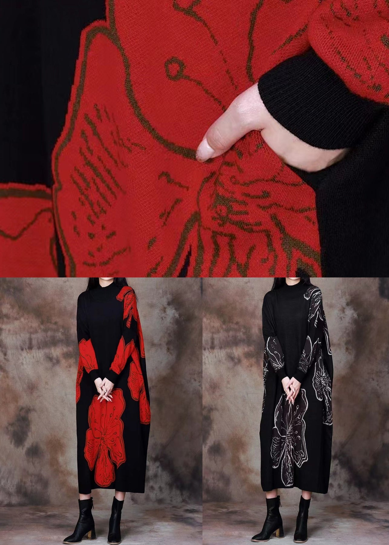 Loose Red O Neck Print Knitting Cotton Long Dresses Spring - Omychic