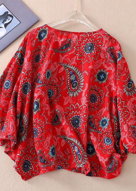 Loose Red O Neck Print Patchwork Cotton T Shirts Batwing Sleeve