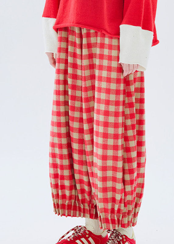 Loose Red Plaid Patchwork Pockets Elastic Waist Lantern Crop Pants Fall