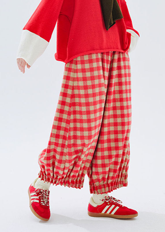 Loose Red Plaid Patchwork Pockets Elastic Waist Lantern Crop Pants Fall