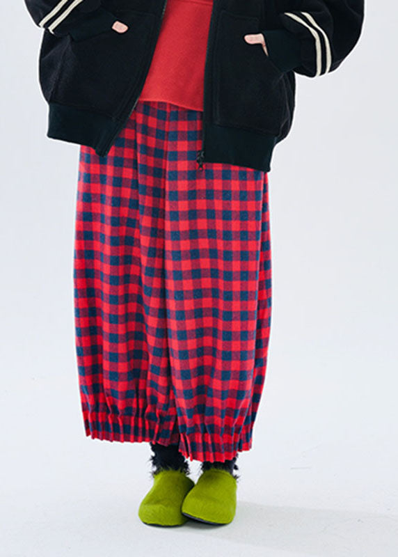 Loose Red Plaid Patchwork Pockets Elastic Waist Lantern Crop Pants Fall