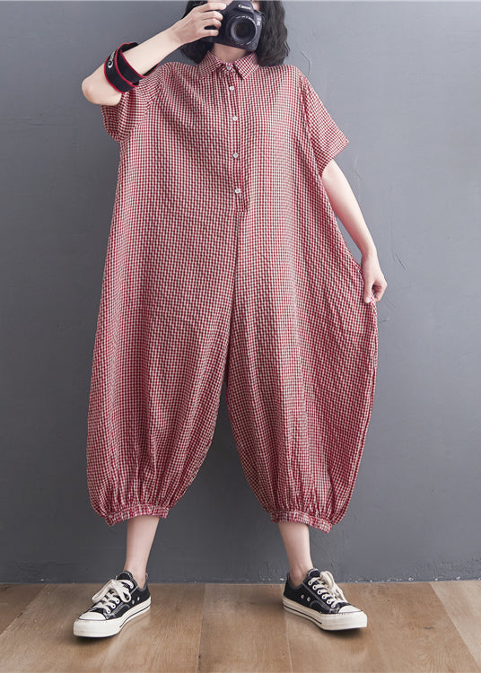 Loose Red Plaid button Peter Pan Collar Pocket Linen Jumpsuits Short Sleeve