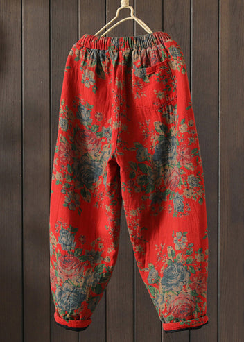 Handmade Red Print Cozy Waist Wide Pants