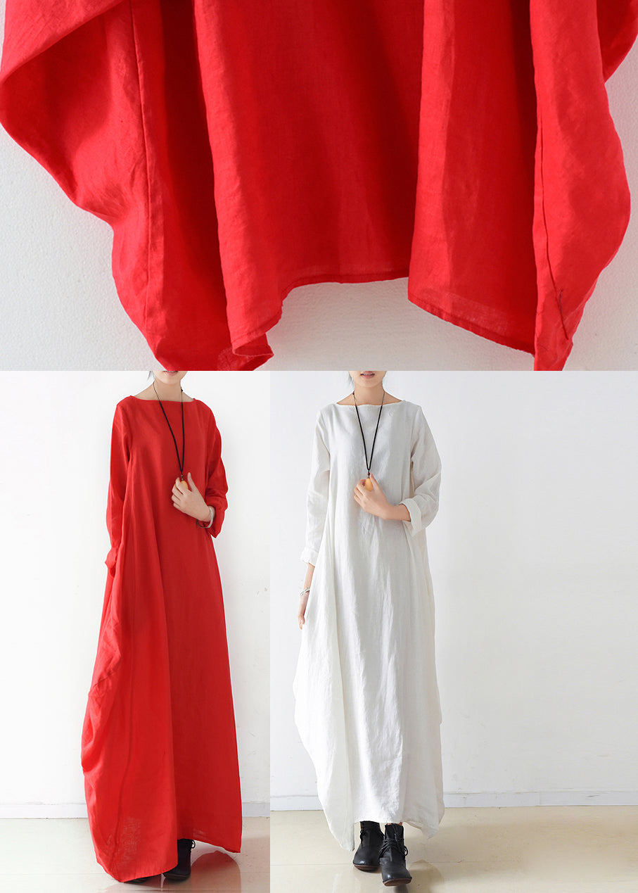 Loose Red Slash Neck Linen Maxi Dress Long Sleeve