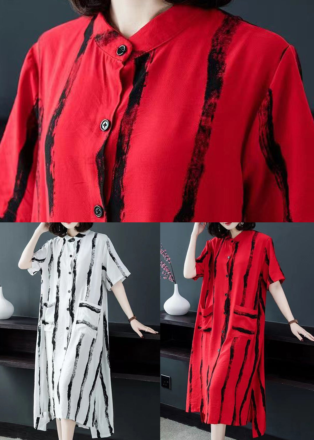 Loose Red Striped Button Patchwork Cotton Shirts Dress Summer