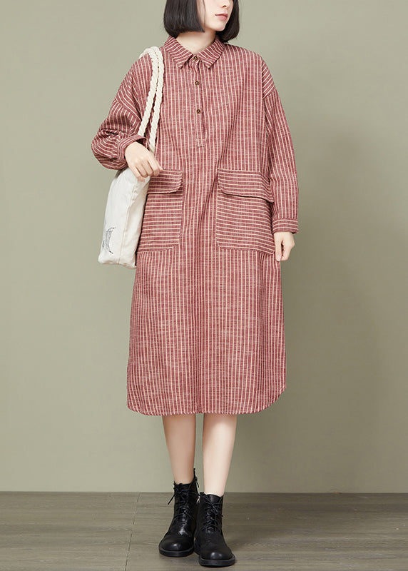 Loose Red Striped Pockets Cotton Shirts Dress Long Sleeve