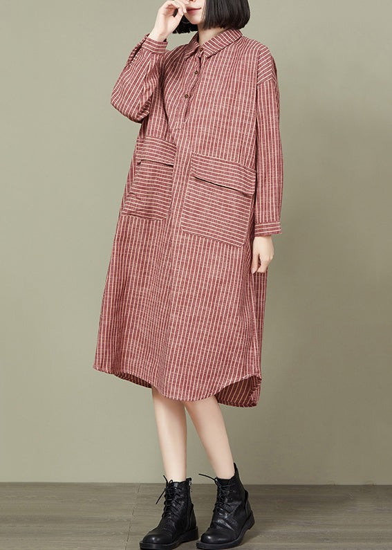 Loose Red Striped Pockets Cotton Shirts Dress Long Sleeve