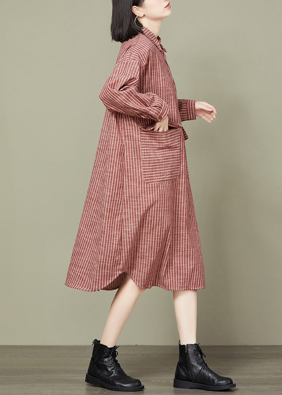 Loose Red Striped Pockets Cotton Shirts Dress Long Sleeve