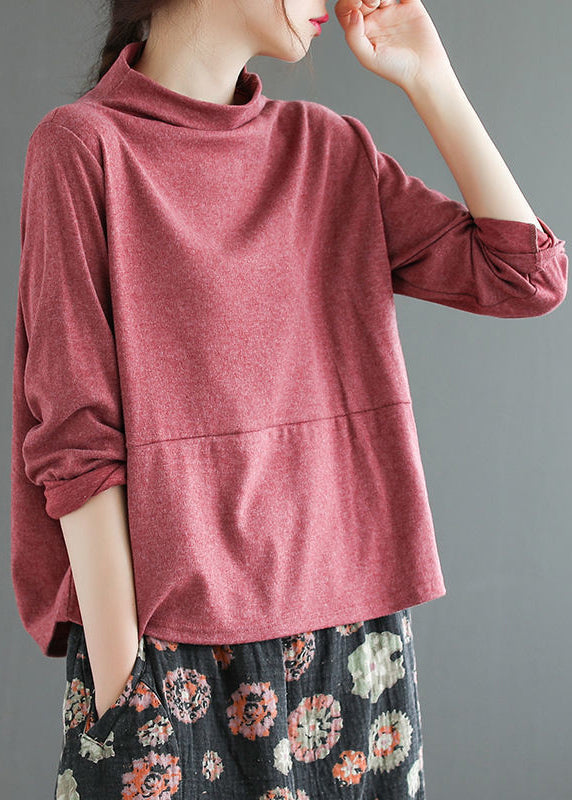 Loose Red Turtleneck Patchwork Cotton T Shirt Top Fall