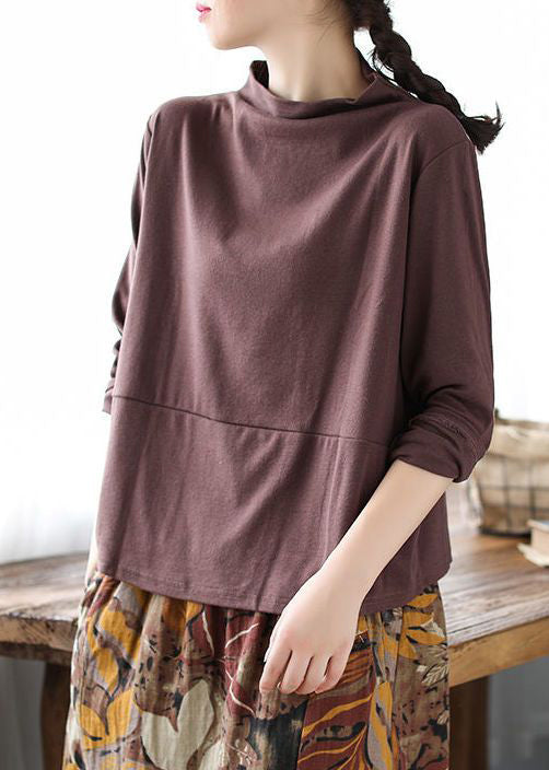 Loose Red Turtleneck Patchwork Cotton T Shirt Top Fall