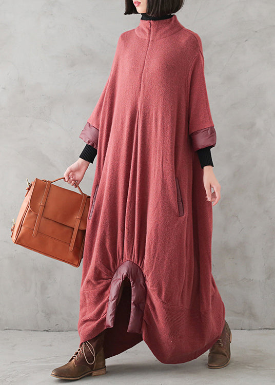 Loose Red Turtleneck Zippered Cashmere Knit Sweater Dress Winter