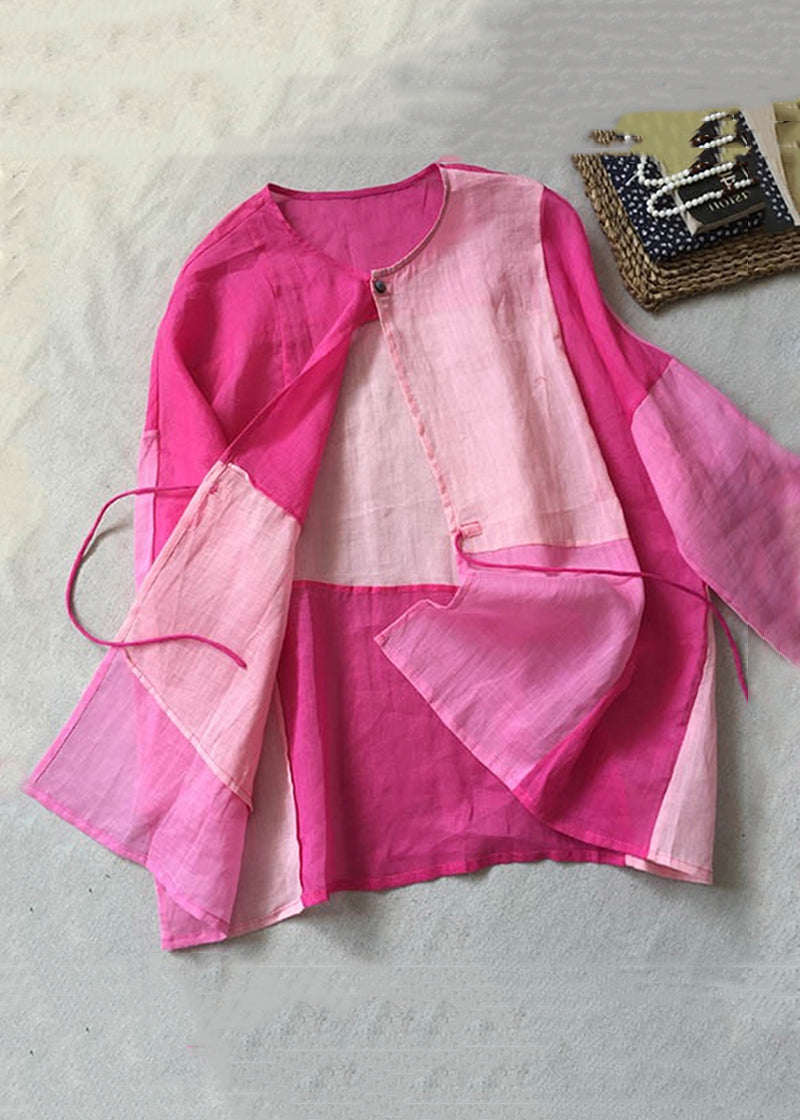 Loose Rose Button Lace Up Patchwork Cotton Shirt Long Sleeve