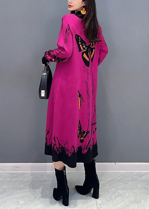 Loose Rose O-Neck Print Patchwork Knit Dresses Long Sleeve