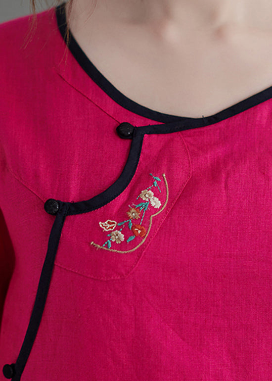 Loose Rose O-Neck asymmetrical design tie waist Embroideried Linen Top Half Sleeve