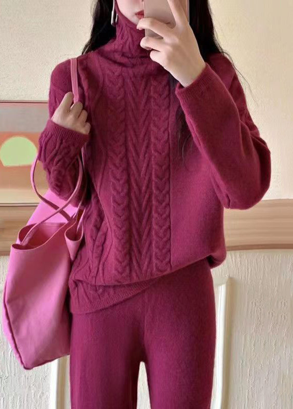 Loose Rose Turtleneck Patchwork Cozy Cotton Knit Two Pieces Set Fall