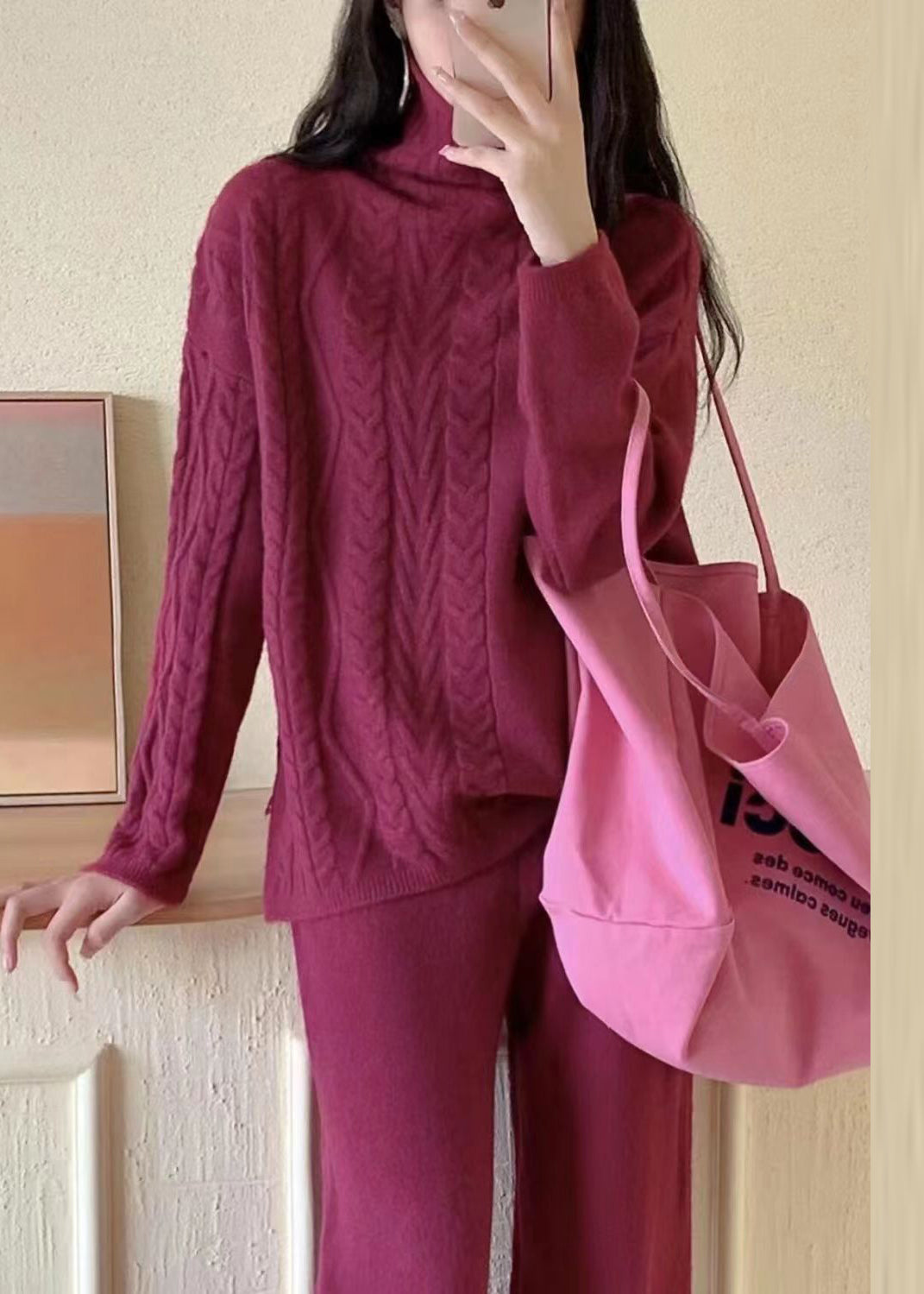 Loose Rose Turtleneck Patchwork Cozy Cotton Knit Two Pieces Set Fall