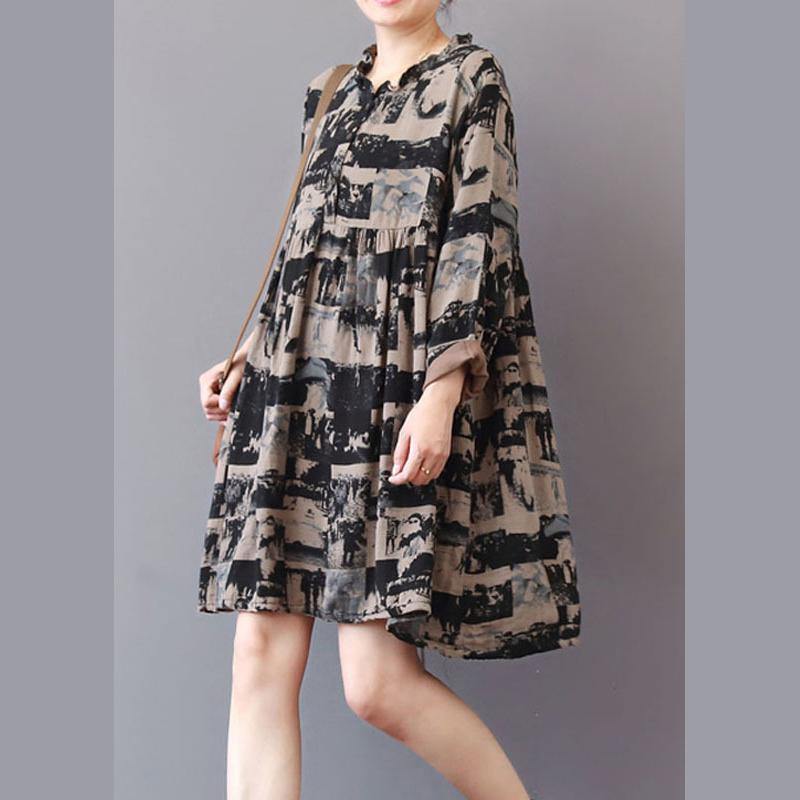 Loose Ruffled wrinkled Cotton dress Shape black print Dresses - Omychic
