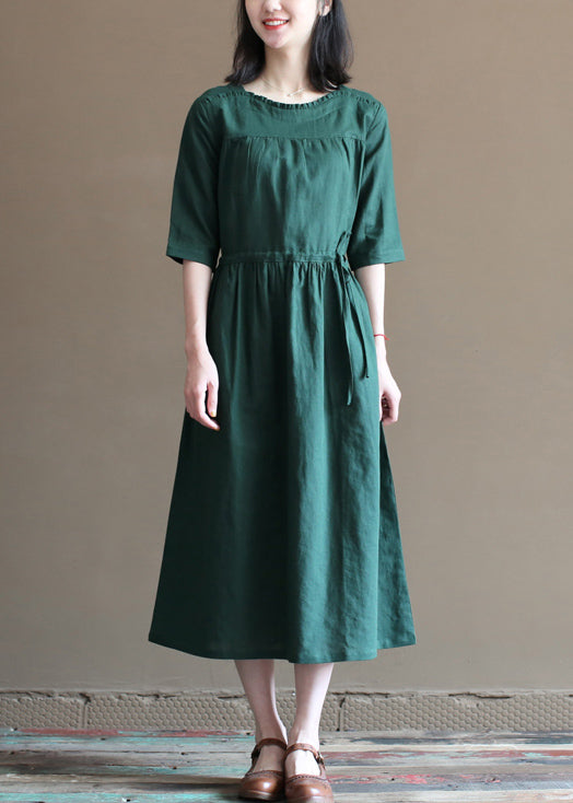 Loose Solid Blackish Green Drawstring Ruffled Cotton Linen Vacation Dress Half Sleeve