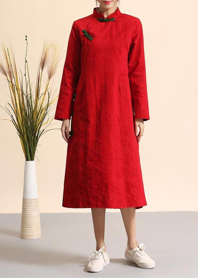 Loose Stand Collar Chinese Button Spring Dresses Tunic Red Maxi Dress - Omychic