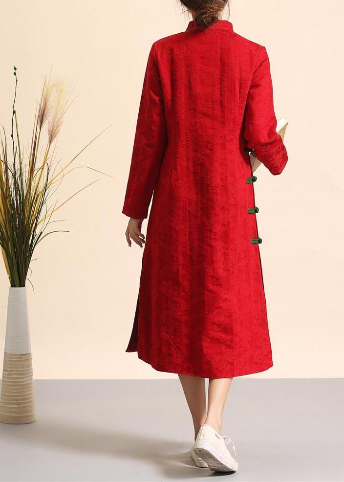 Loose Stand Collar Chinese Button Spring Dresses Tunic Red Maxi Dress - Omychic