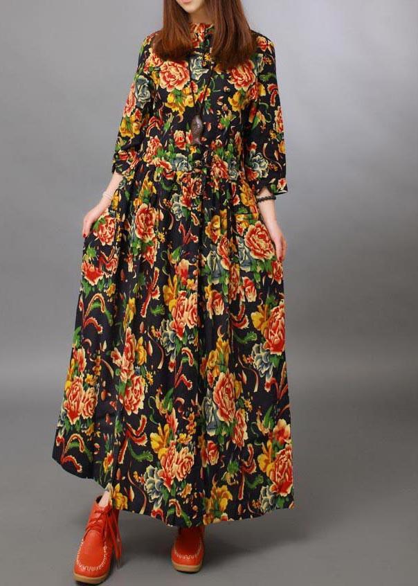 Loose Stand Collar Half Sleeve Spring Tunics For Women Black peony Maxi Dresses - Omychic