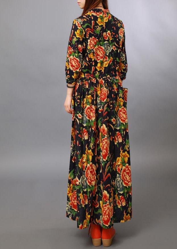 Loose Stand Collar Half Sleeve Spring Tunics For Women Black peony Maxi Dresses - Omychic