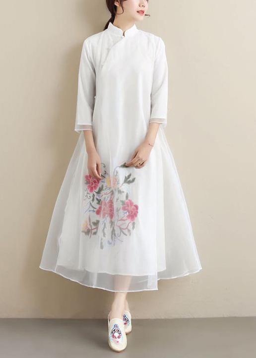 Loose Stand Collar Summer Clothes Wardrobes White Embroidery Kaftan Dress - Omychic