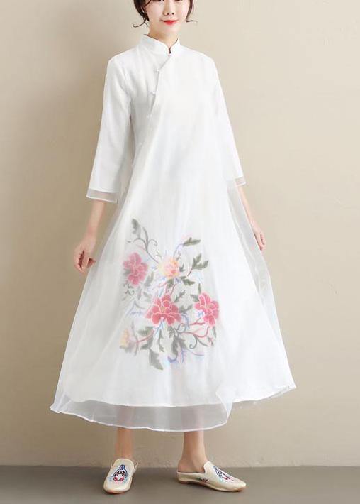 Loose Stand Collar Summer Clothes Wardrobes White Embroidery Kaftan Dress - Omychic