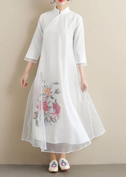 Loose Stand Collar Summer Clothes Wardrobes White Embroidery Kaftan Dress - Omychic