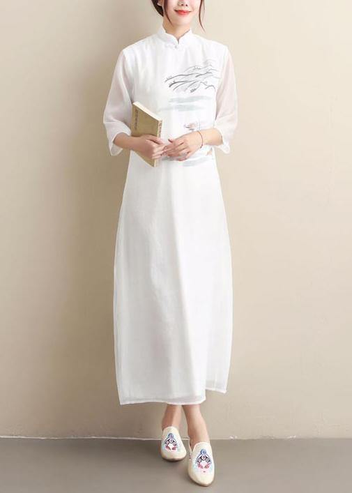 Loose Stand Collar Summer Clothes Women Fabrics White Print Loose Dresses - Omychic