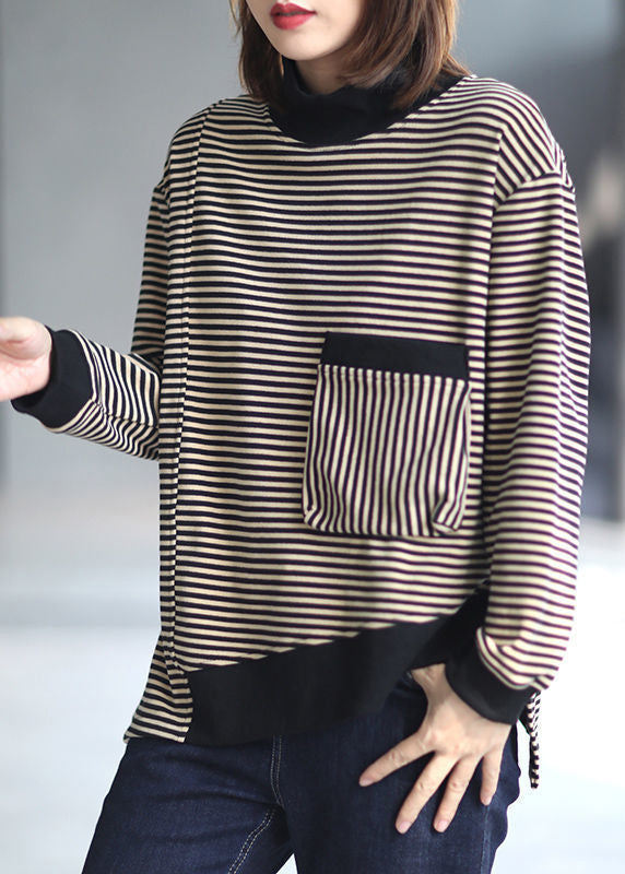 Loose Striped Low High Design Patchwork Cotton Top Fall