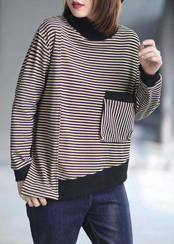 Loose Striped Low High Design Patchwork Cotton Top Fall