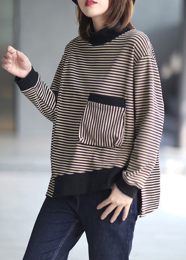 Loose Striped Low High Design Patchwork Cotton Top Fall