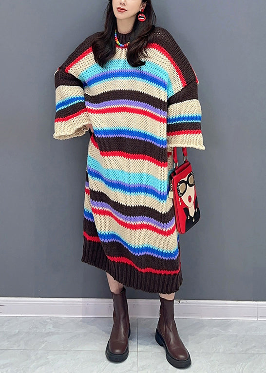 Loose Striped O-Neck Hollow Out Patchwork Knit Dresses Fall