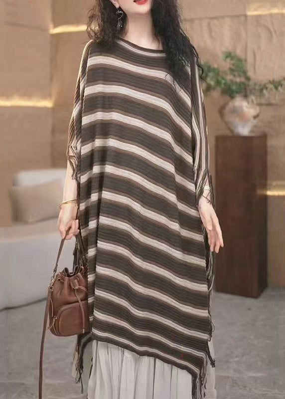 Loose Striped Tasseled Patchwork Knit Long Dresses Fall