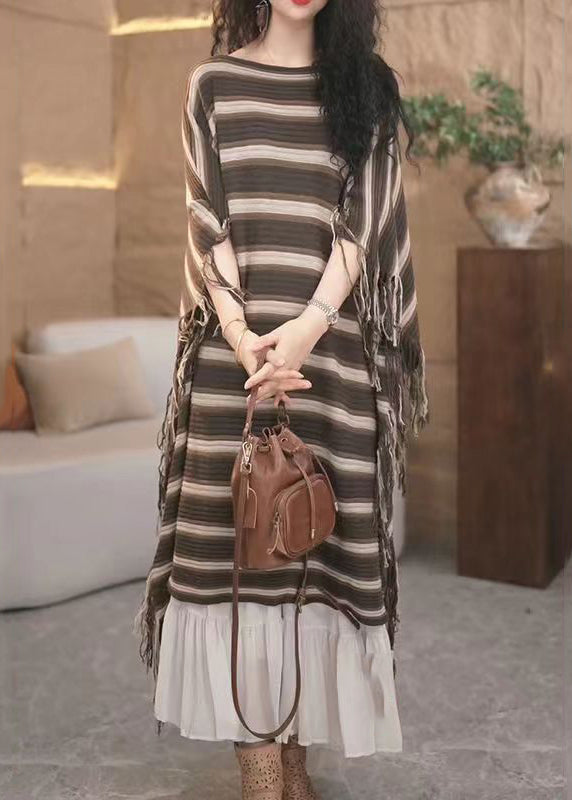 Loose Striped Tasseled Patchwork Knit Long Dresses Fall