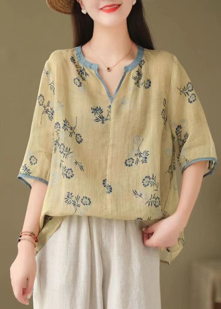 Loose Tan V Neck Print Patchwork Linen T Shirt Tops Half Sleeve