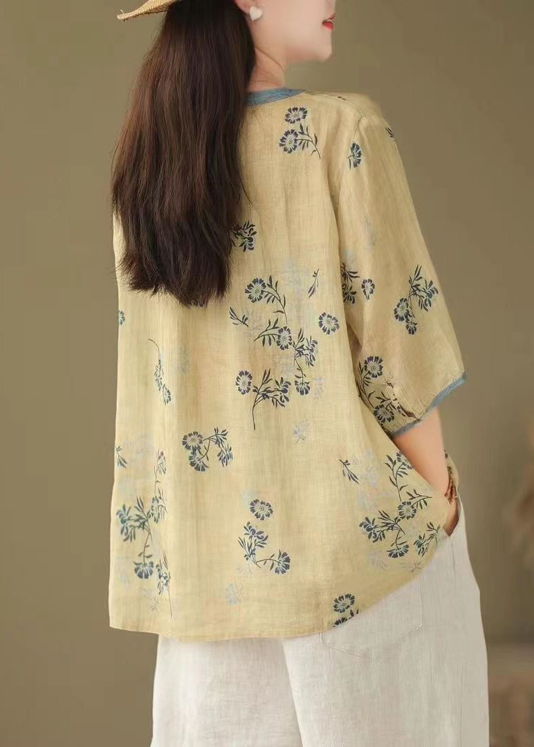 Loose Tan V Neck Print Patchwork Linen T Shirt Tops Half Sleeve