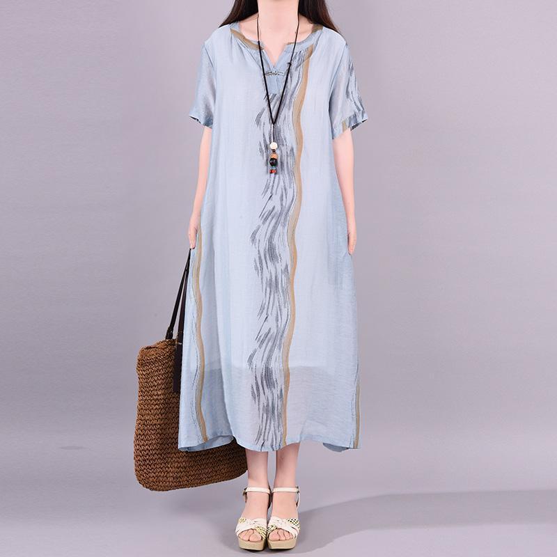 Loose Tunic Casual  Print Cotton Linen Frog Short Sleeve Dress - Omychic