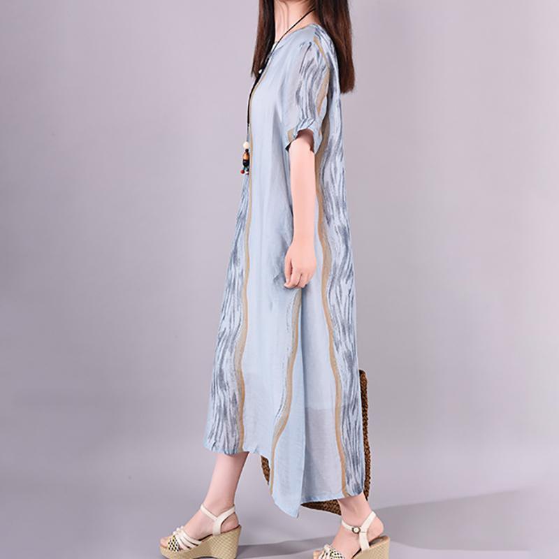 Loose Tunic Casual  Print Cotton Linen Frog Short Sleeve Dress - Omychic