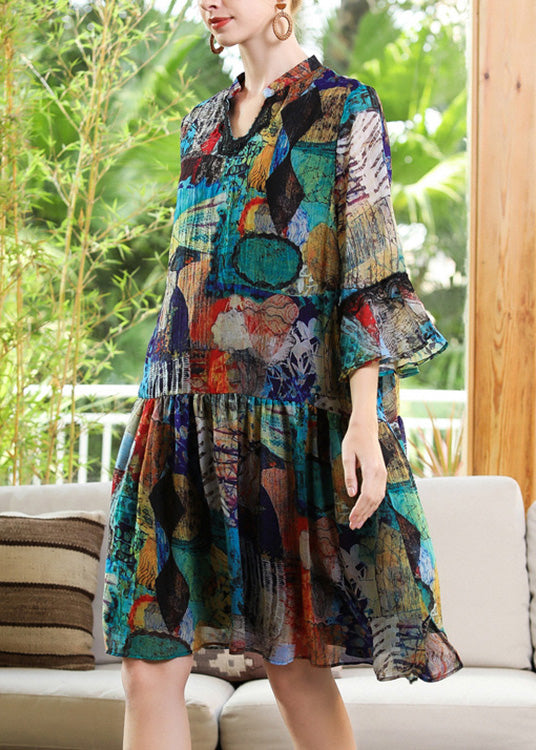 Loose V Neck Print Patchwork Chiffon Maxi Dress Long Sleeve