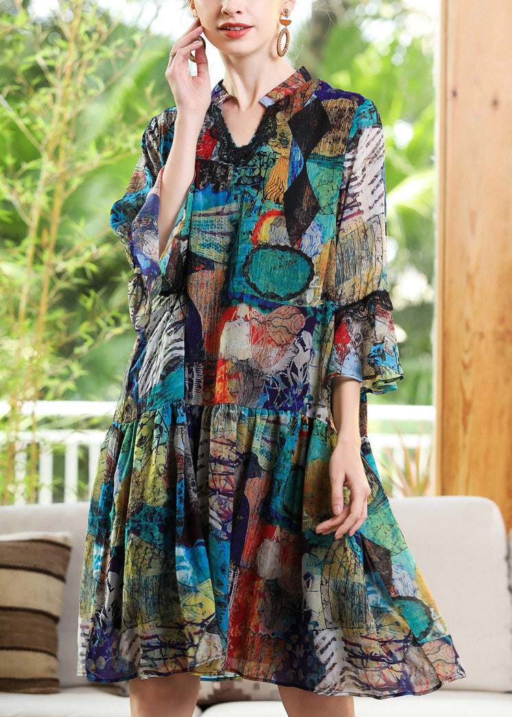 Loose V Neck Print Patchwork Chiffon Maxi Dress Long Sleeve
