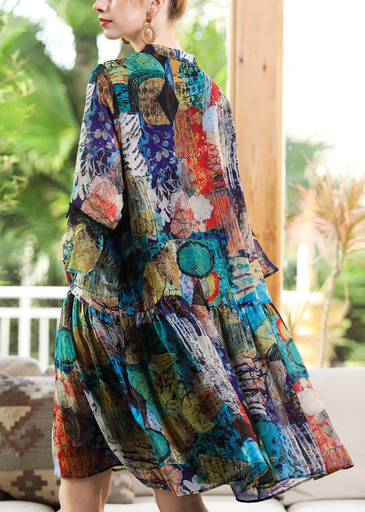 Loose V Neck Print Patchwork Chiffon Maxi Dress Long Sleeve