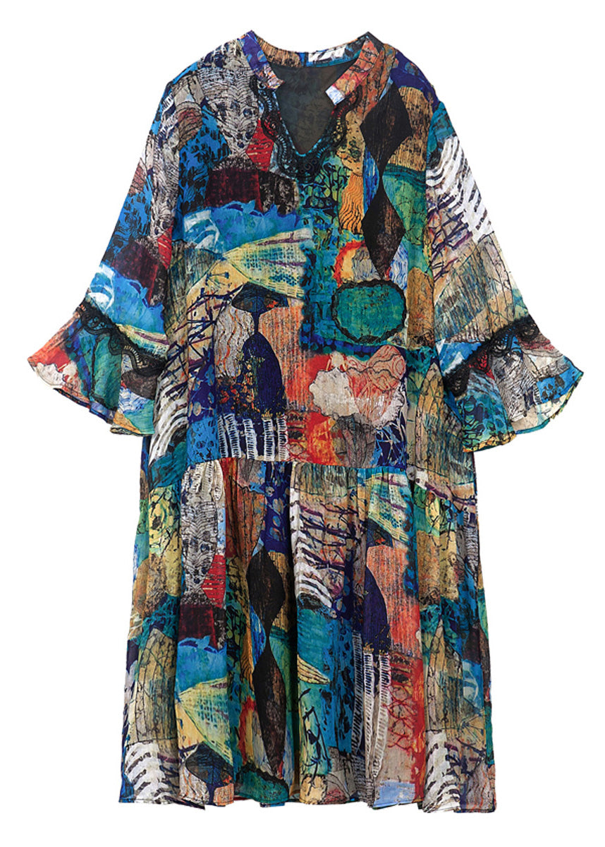 Loose V Neck Print Patchwork Chiffon Maxi Dress Long Sleeve