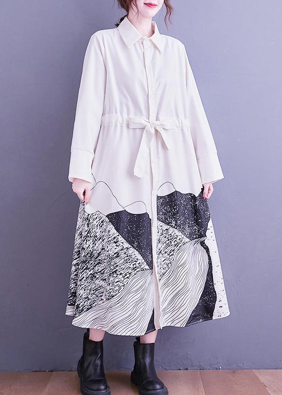 Loose White Abstract pattern Tunic Dress Lapel Tie Waist Long Dress - Omychic