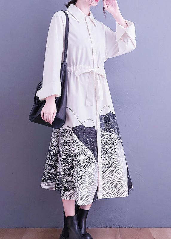 Loose White Abstract pattern Tunic Dress Lapel Tie Waist Long Dress - Omychic