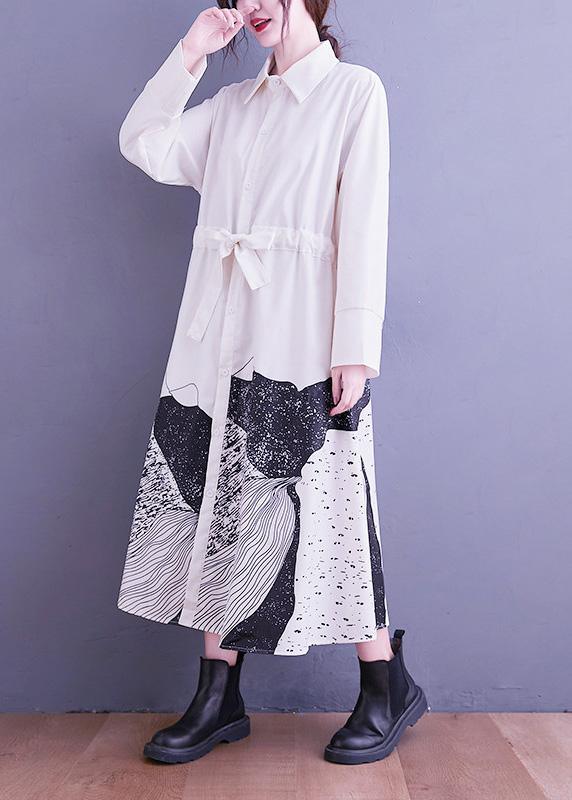 Loose White Abstract pattern Tunic Dress Lapel Tie Waist Long Dress - Omychic