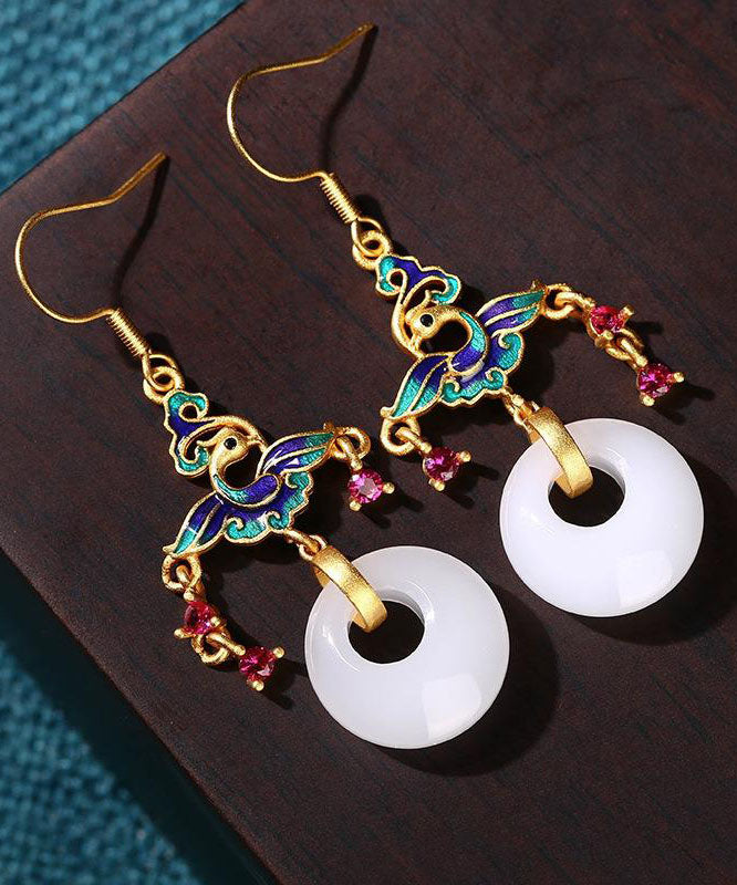 Loose White Ancient Gold Jade Enamel Ping Buckle Drop Earrings