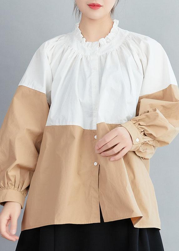 Loose White Colorblock Ruffled Fall Button Long sleeve Blouses - Omychic