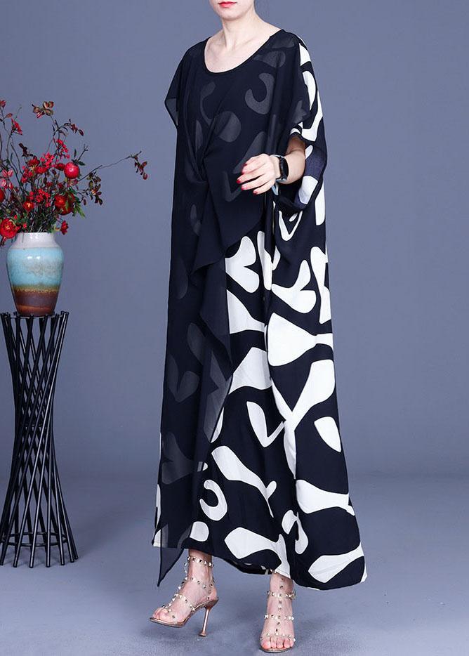 Loose White Elegant Print Patchwork Summer Silk Long Dresses - Omychic